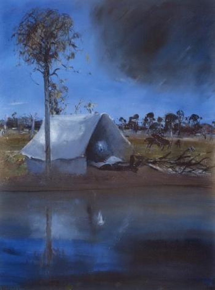 Figure in tent drawing by river bank by Arthur Merric Bloomfield Boyd