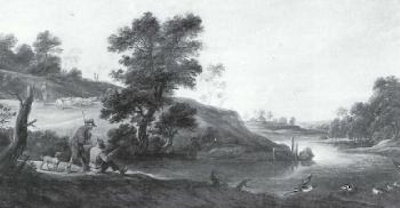 Hilly landscape with angles and herders by Dutch School