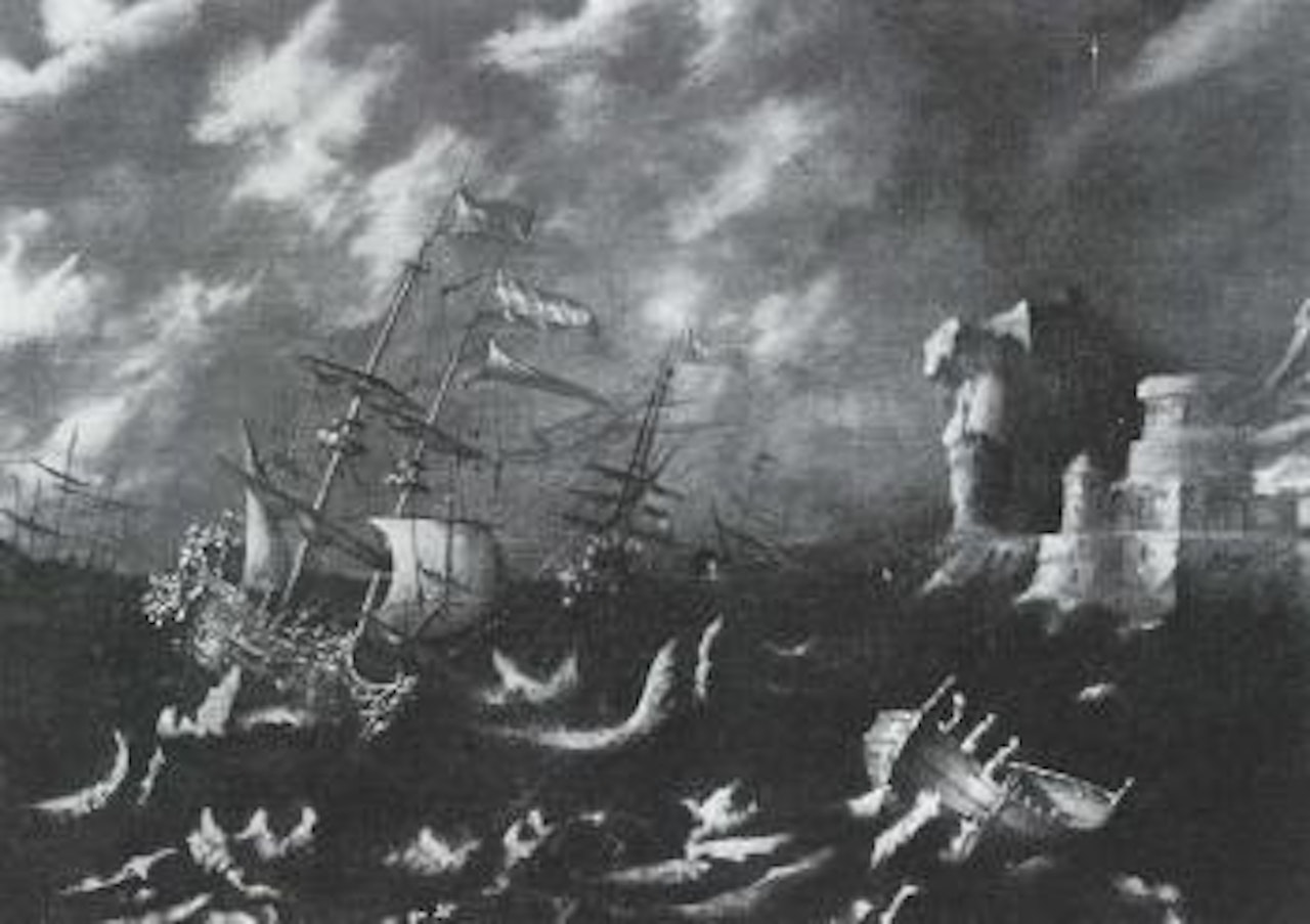 Warships in stormy seas by Italian School