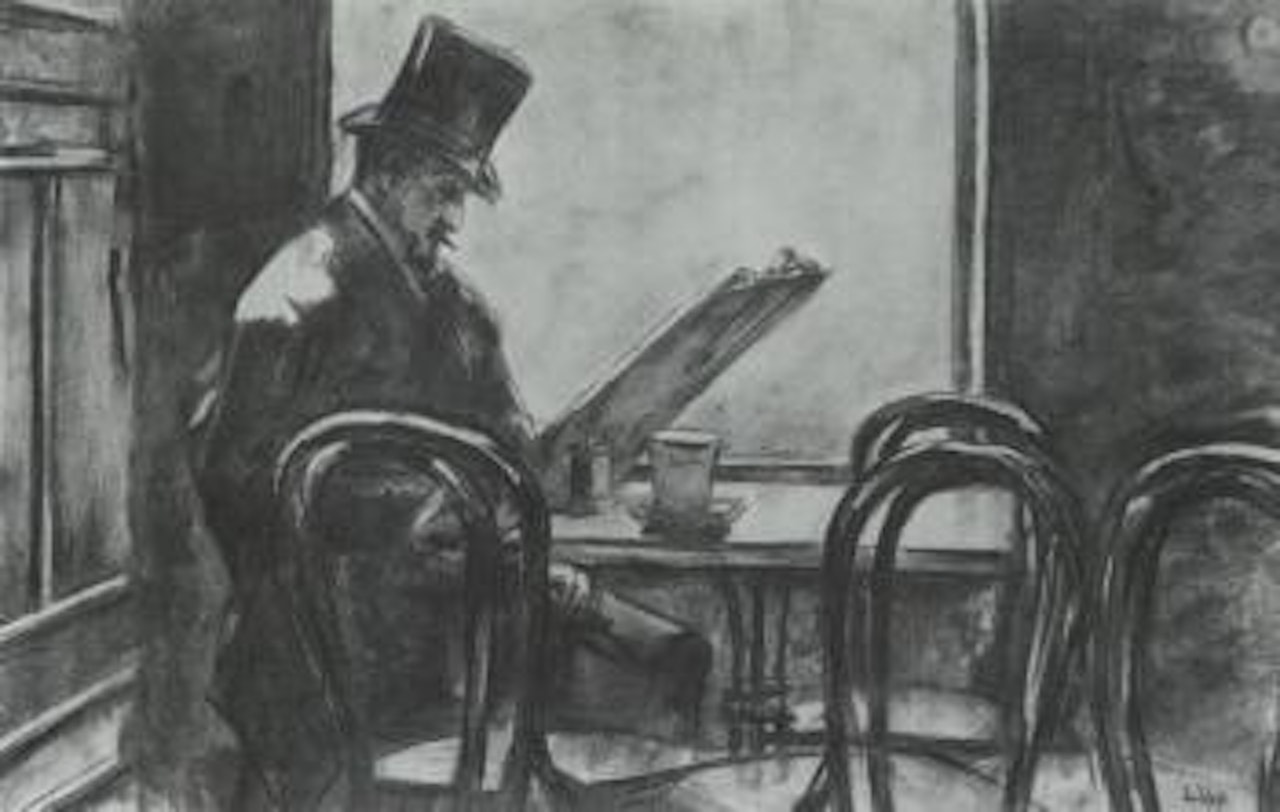 Figure reading newspaper in cafe by Lesser Ury