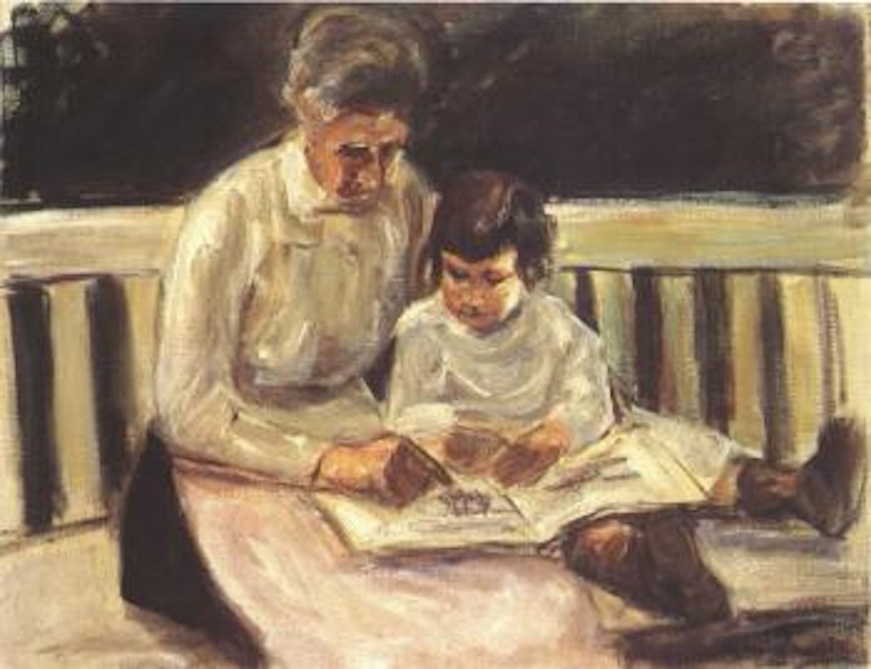 Granddaughter and nanny on garden bench - 2nd study by Max Liebermann