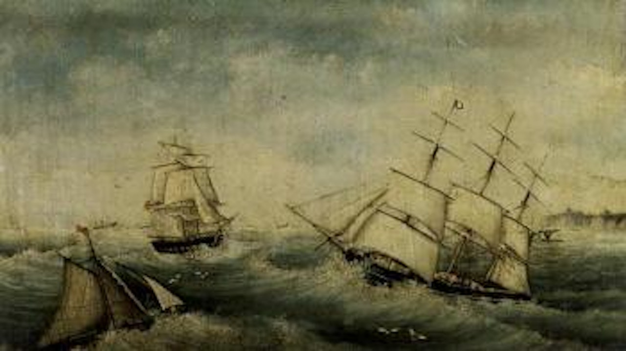 Three sailing vessels in brisk wind near coast by English School
