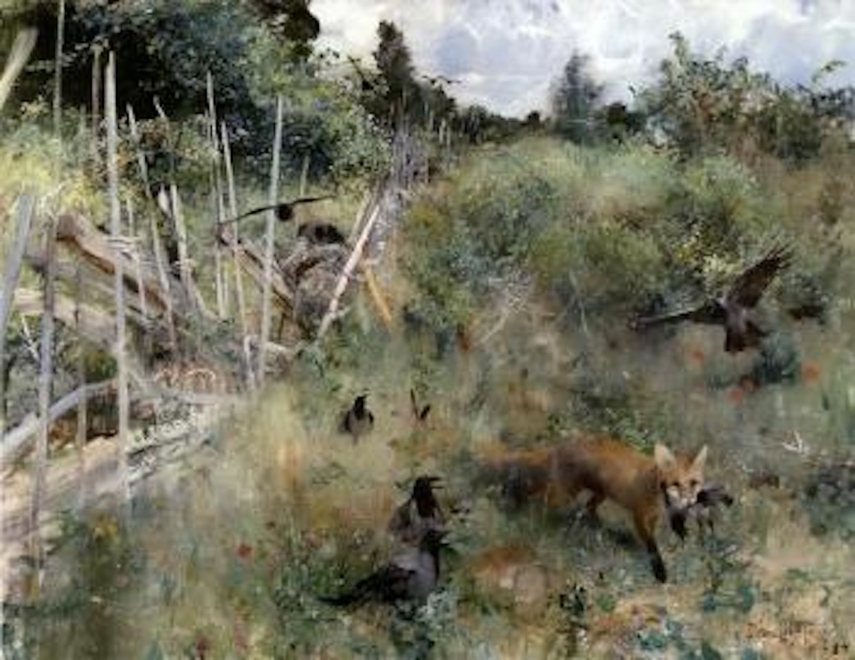 Fox and crows in landscape by Bruno Liljefors