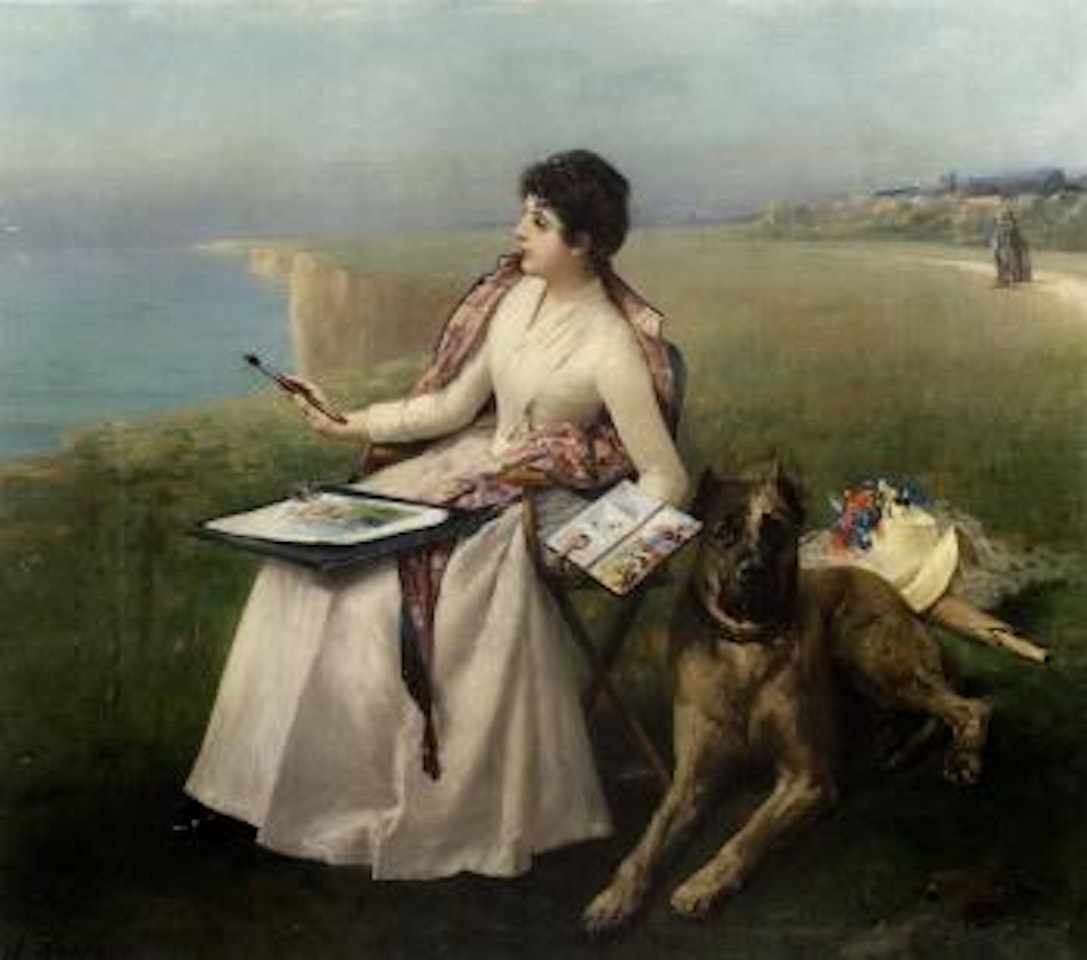 Lady artist and dog by the sea by Adolphe Weisz