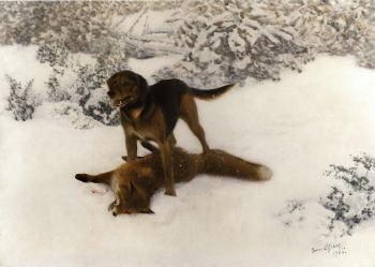 Winter landscape with gundog and dead fox by Bruno Liljefors