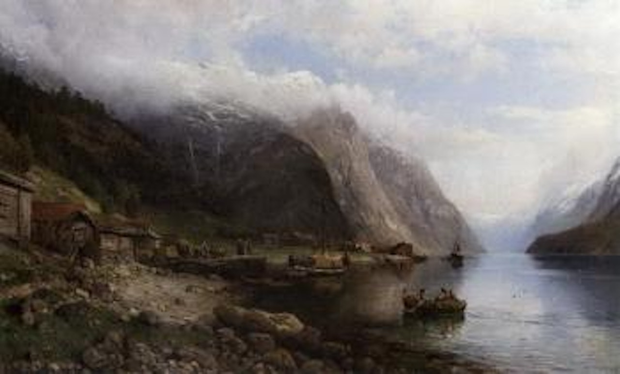 Fjord landscape with figures and boats by Anders Monsen Askevold