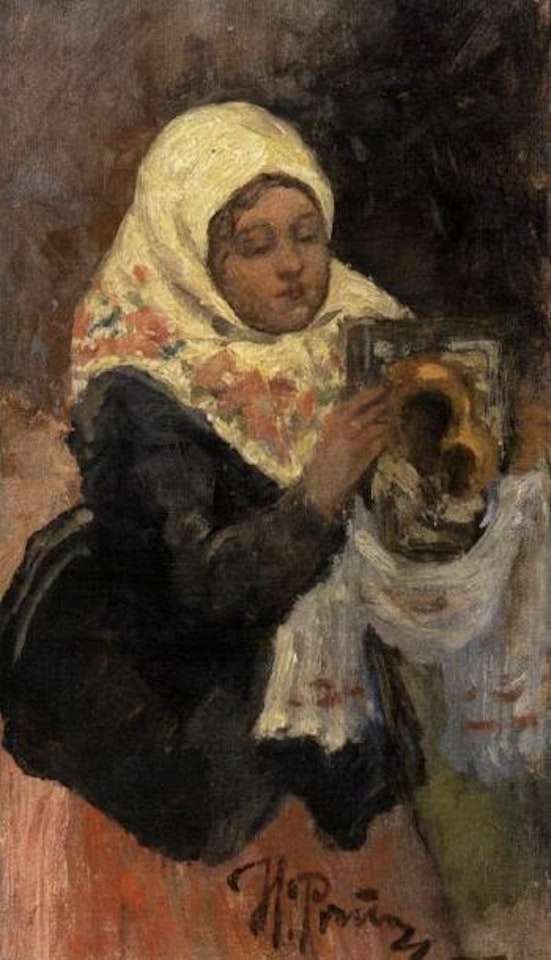 Young peasant woman wearing shawl holding icon by Ilya Yefimovich Repin