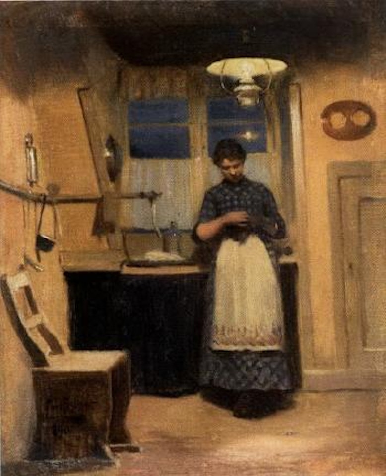 Kitchen interior with woman by Paul Fischer