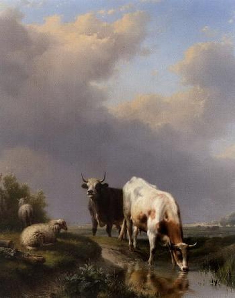 Summer landscape with cows and sheep by waterway by Eugène Joseph Verboeckhoven