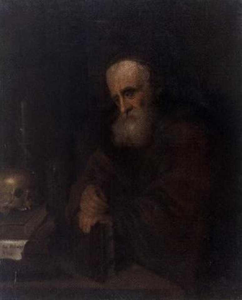 Learned man watching vanitas attribute by Dutch School