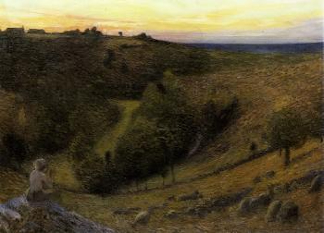 Berger jouant du pipeau au coucher du soleil by Henri Jean Guillaume Martin
