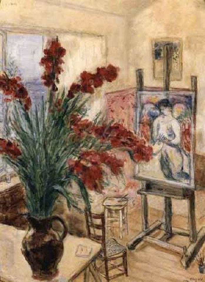 L' atelier de l'artiste avec vase de glaieuls by Marc Chagall