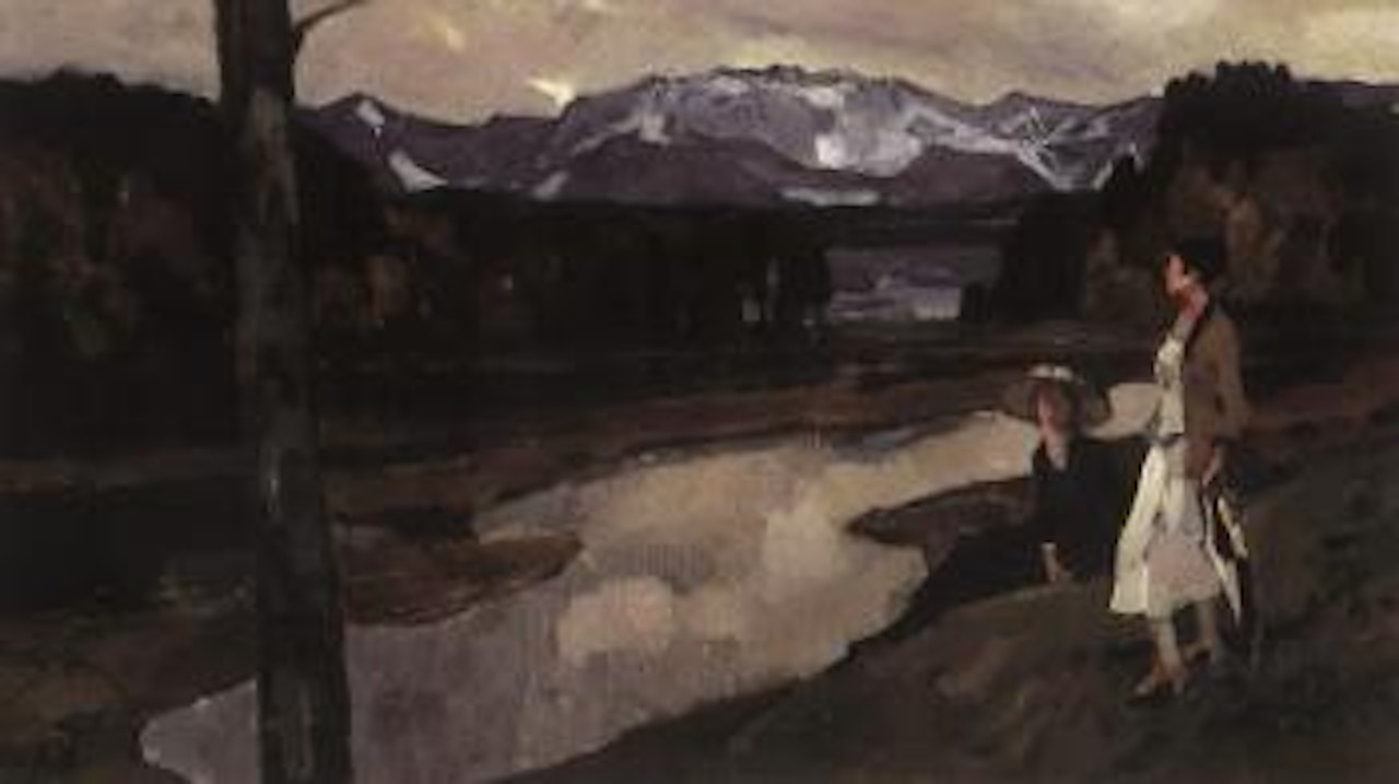 Two women in autumn mountain landscape by Leo Putz