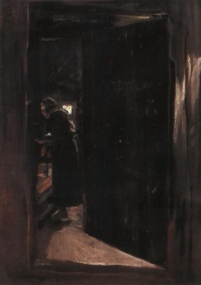 Woman in kitchen interior seen through half-open door by Max Liebermann