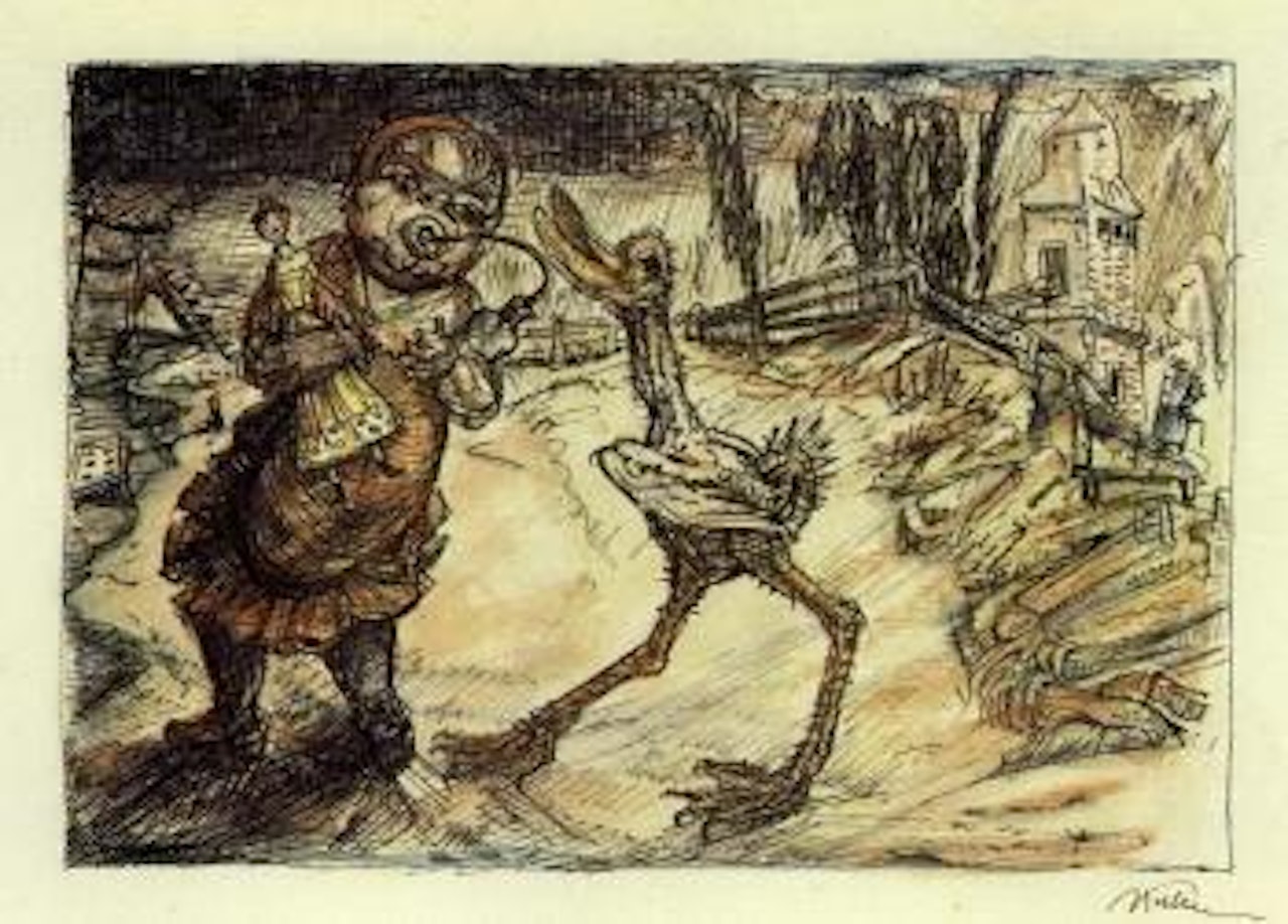 Child with dummy and bird in landscape by Alfred Kubin