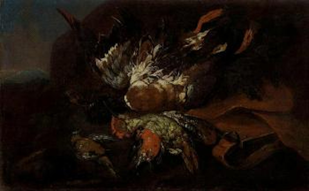 Hunting still life, mountain landscape beyond by Franz Werner von Tamm