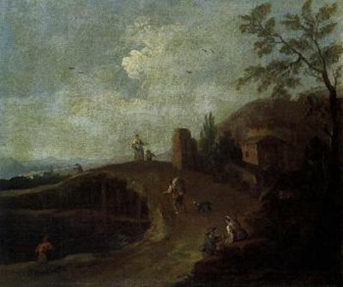Travellers on country road in mountain landscape by Venetian School