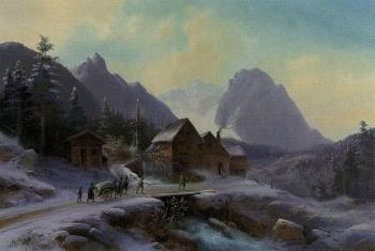 Mountain village in winter, figures on road by Anton Doll