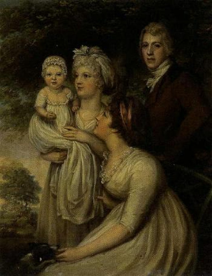 Portrait of young couple with nursemaid holding child by English School