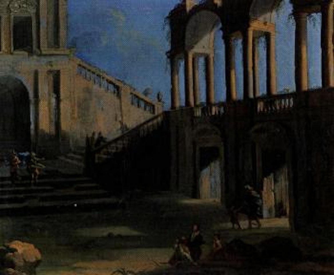Figures in capriccio with wide stairs and arches by Venetian School