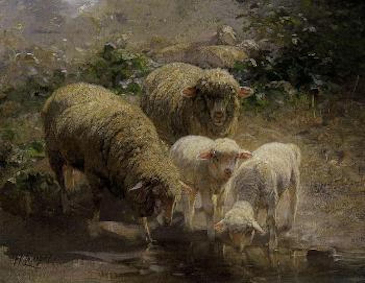 Two sheep with lambs drinking at water's edge by Heinrich von Zugel