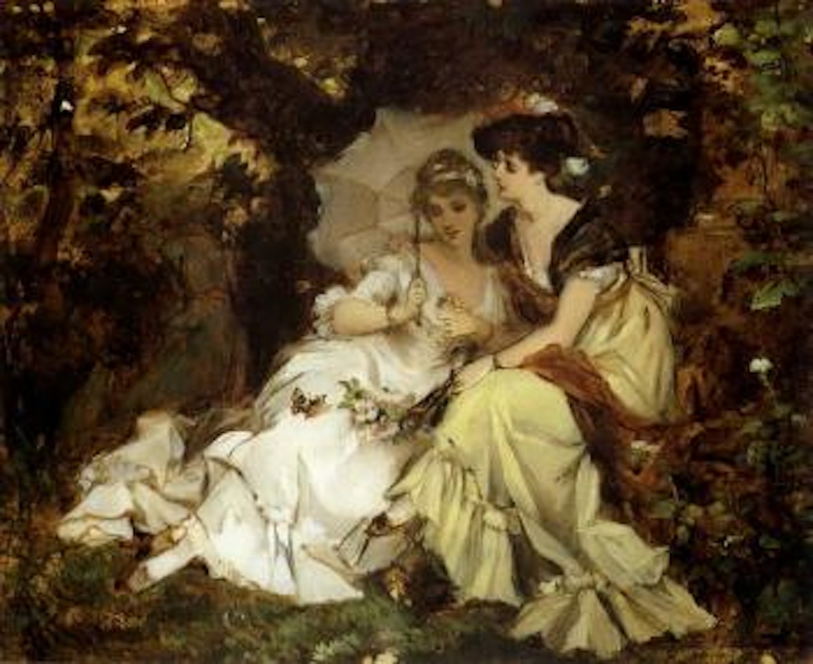 Two elegant women with parasol sitting close together by Hans Makart