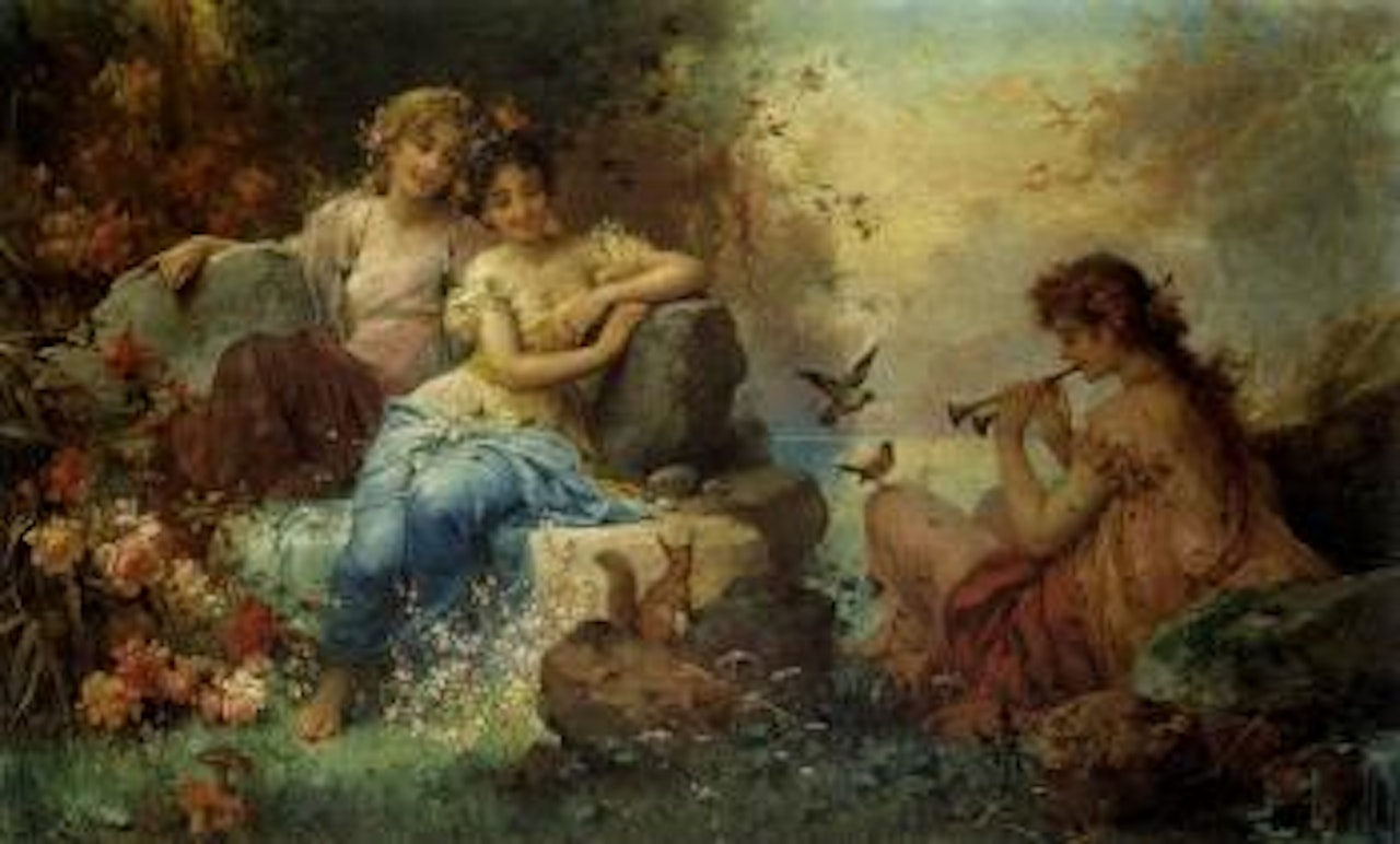 Three maidens, one playing pipes, with squirrel and birds by Hans Zatzka