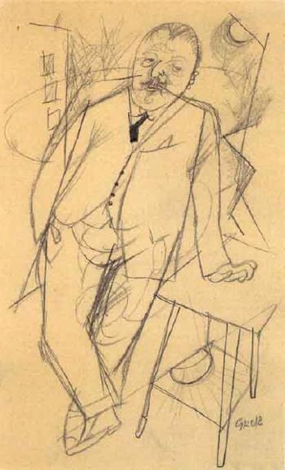 Man in suit leaning on desk. Snowman melting in sun by George Grosz