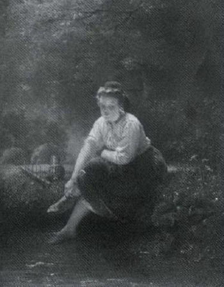 Young peasant girl sitting at river's edge by Franz Kels
