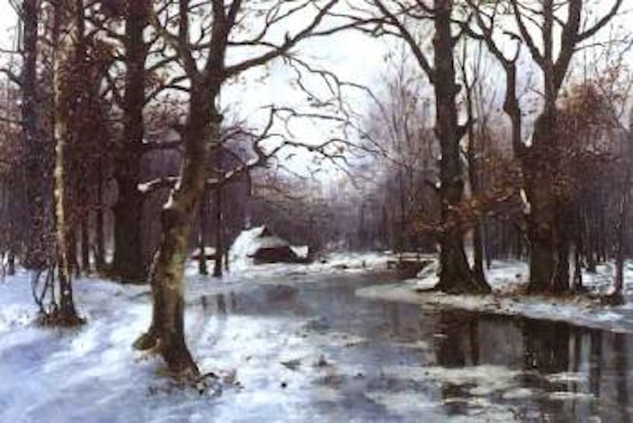 Farmhouse in winter river landscape by Walter Moras