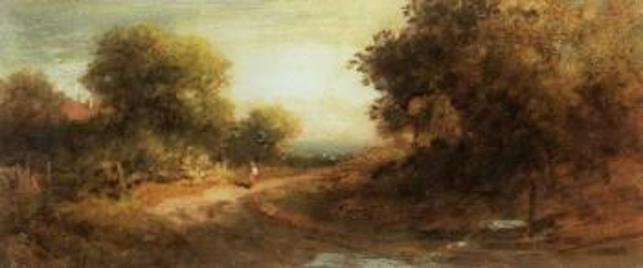 Figure on path in wooded spring landscape by Carl Spitzweg