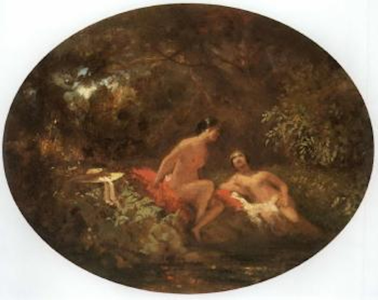 Two girls bathing in forest pond by Carl Spitzweg