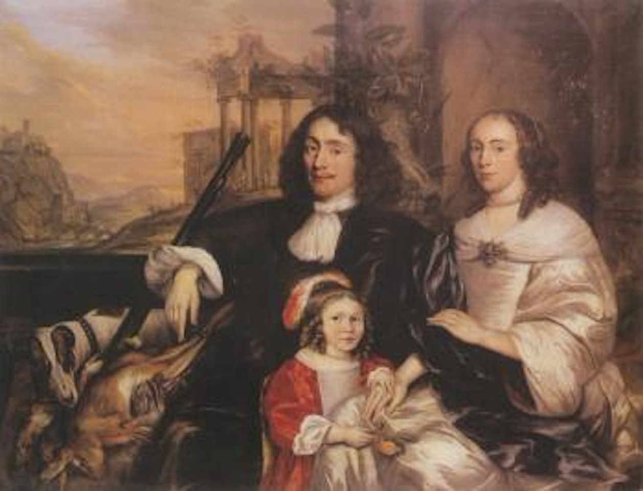 Family portrait with man, wife and daughter in landscape by Dutch School