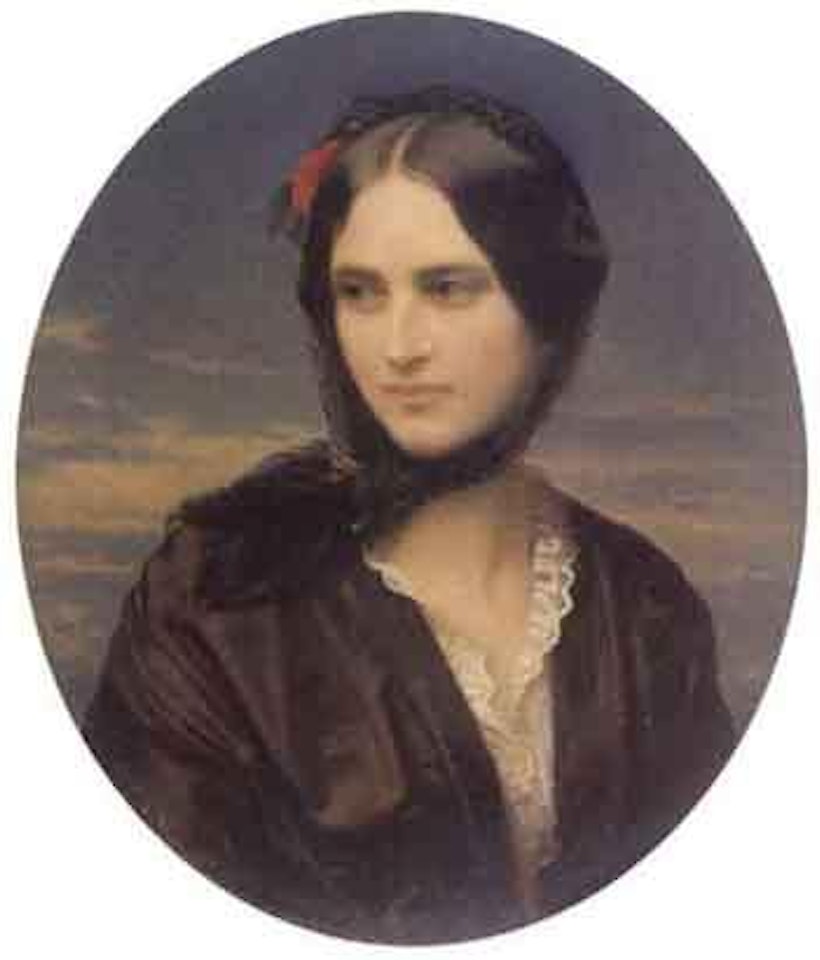 Portrait of a pretty young woman with rose in her hair by French School
