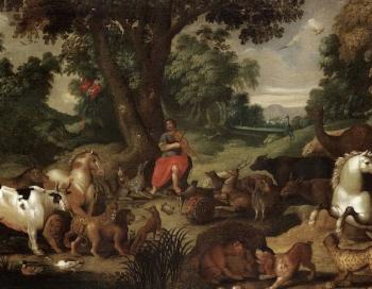 Orpheus with the animals under a tree in wide landscape by Frederik Bouttats
