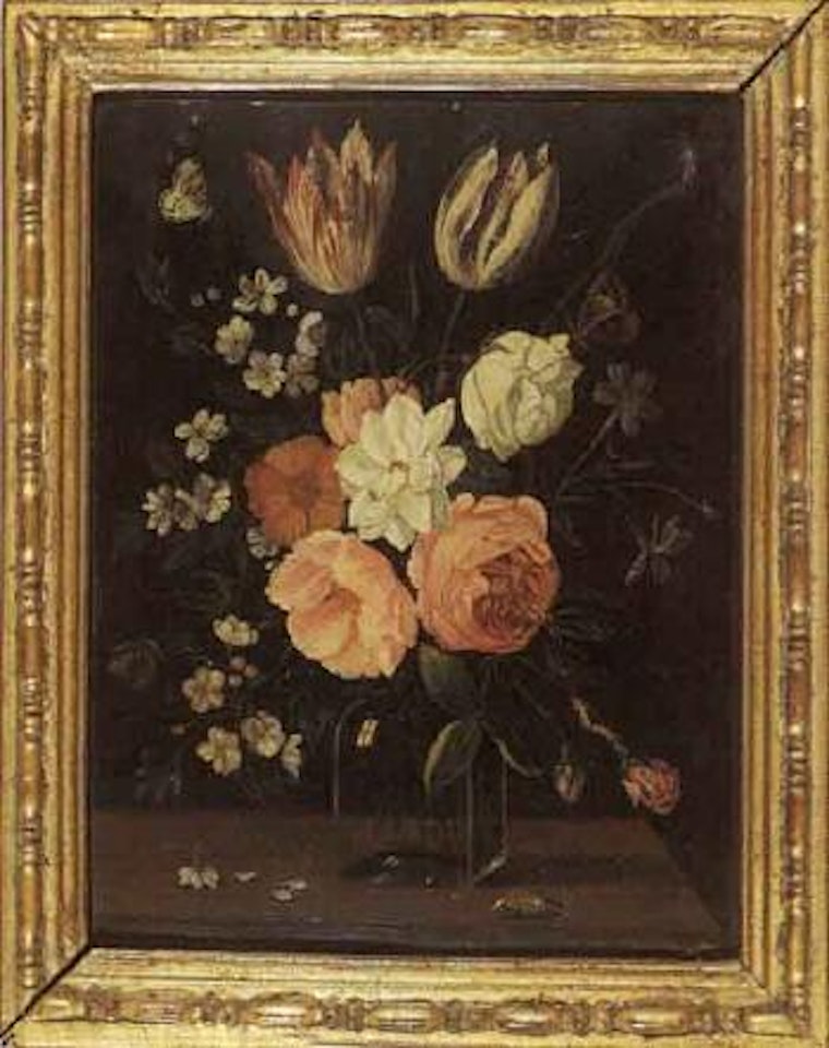 Still life of tulips, roses, cherry blossom in glass vase, insects by Jan Van Kessel The Elder