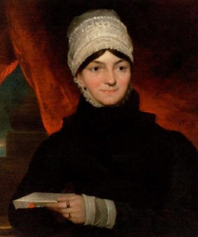 Portrait of Mrs Evans, wearing black dress and white bonnet, holding a letter by John Constable