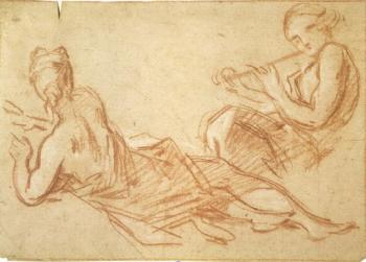 Two female figures, one reclining, the other playing a flute by Francois Boucher