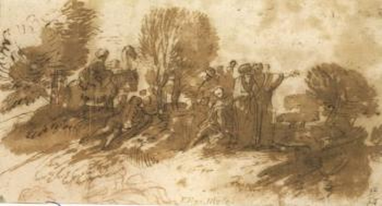Group of figures in landscape. Study of vaulted interior by Pier Francesco Mola