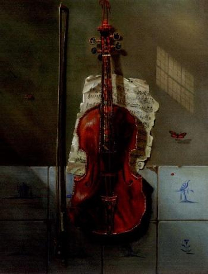 Violin and bow with Delft tiles by Frederick Victor Bailey