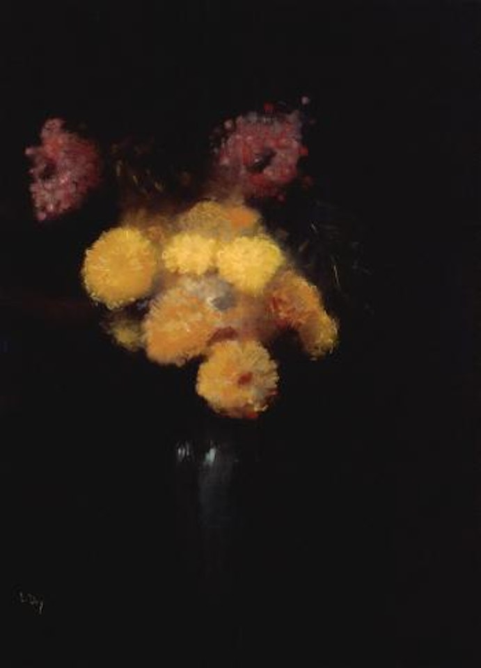 Autumn asters and dahlias in green vase by Lesser Ury