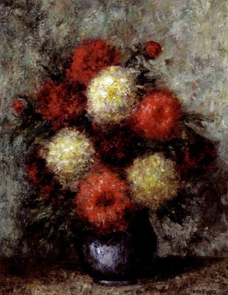 Sunlit red and yellow flowers in blue vase by Otto Pippel