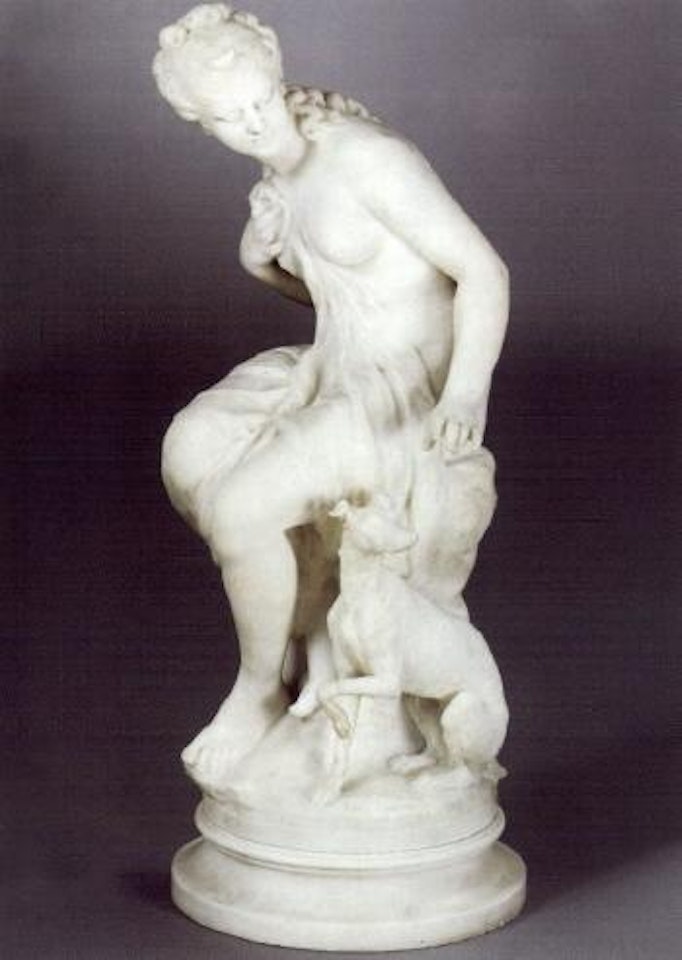 Seated young woman with dog by Mathurin Moreau