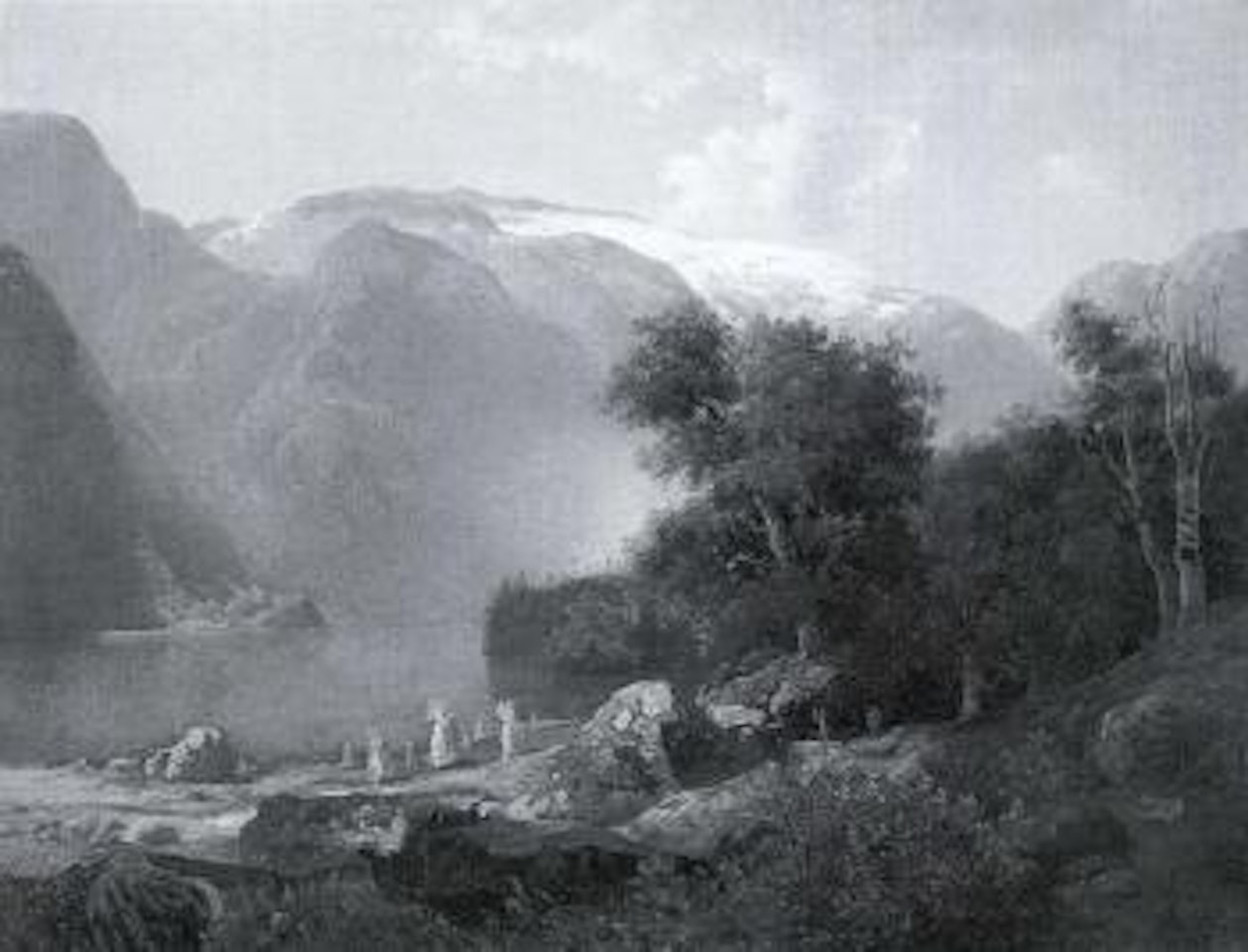 Hayricks by alpine lake by Oswald Achenbach