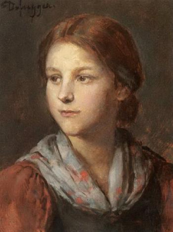 Girl wearing red dress and shawl by Franz von Defregger