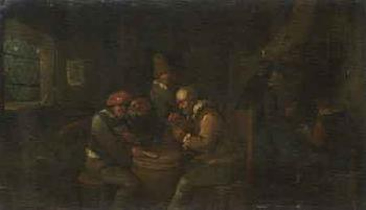 Boors, playing at cards in an inn by Egbert van Heemskerk III