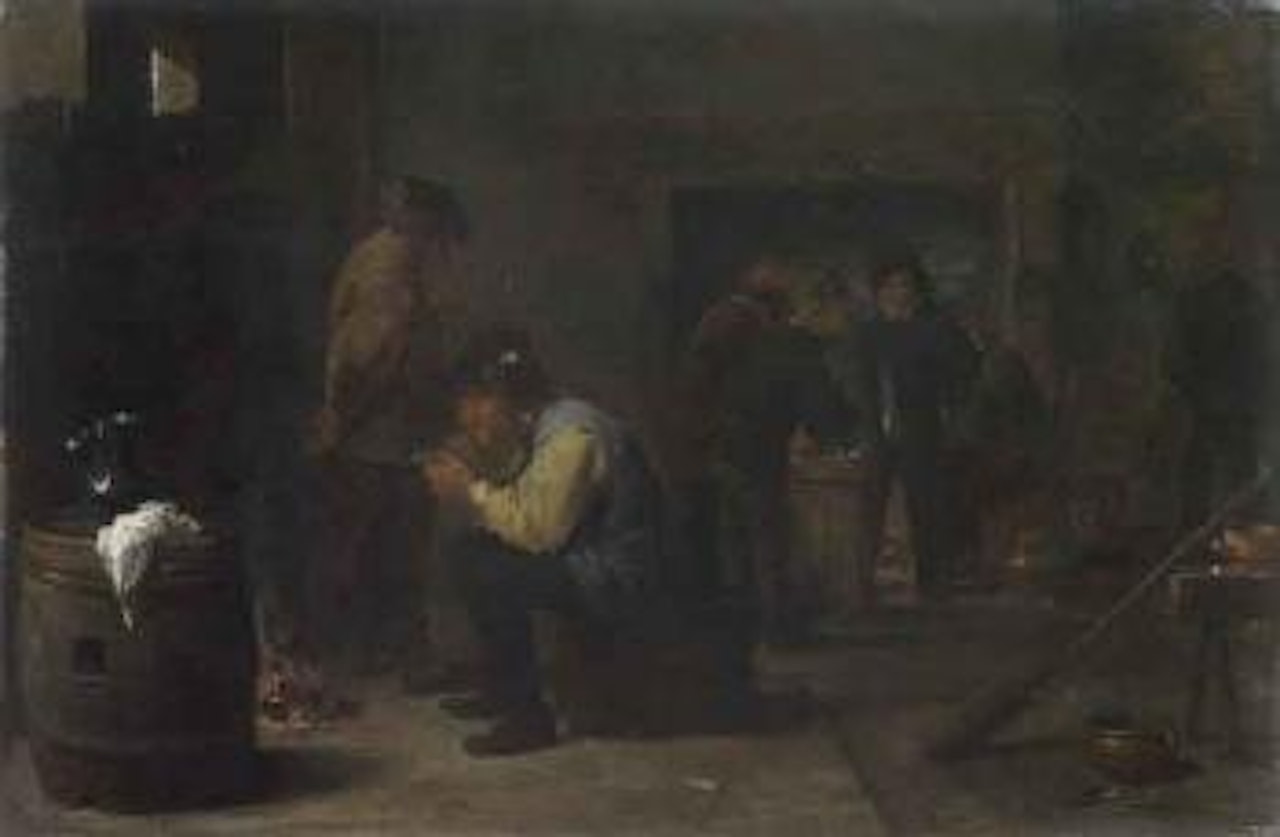 Peasants smoking, others standing by a fireplace beyond, in an inn by David Teniers II