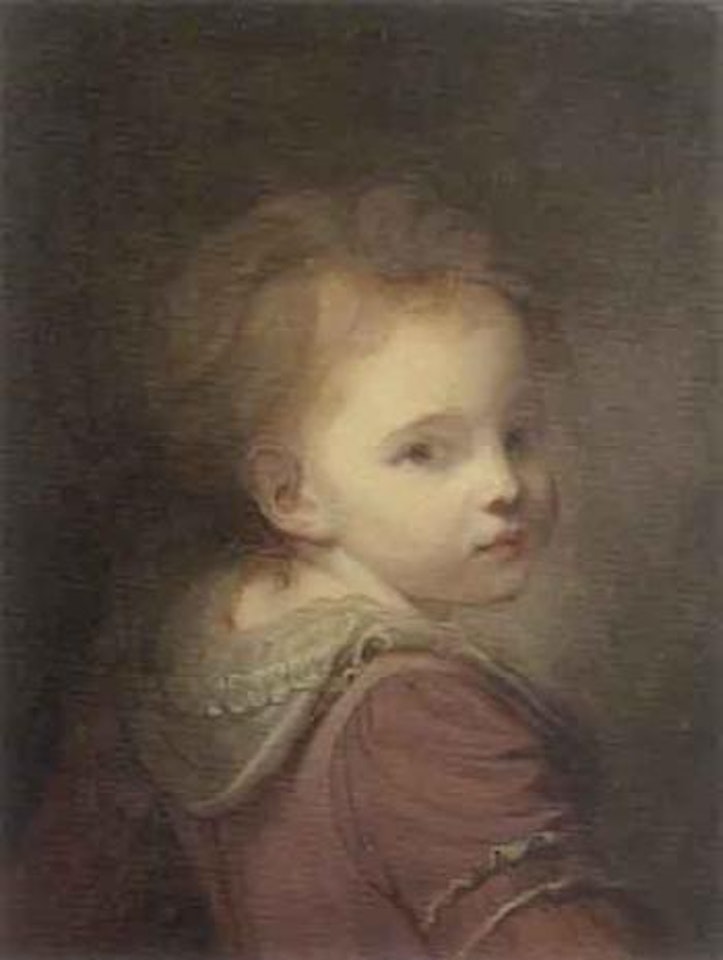 Young girl wearing a lace red dress. Young boy, wearing an olive green jacket by Jean-Baptiste Greuze