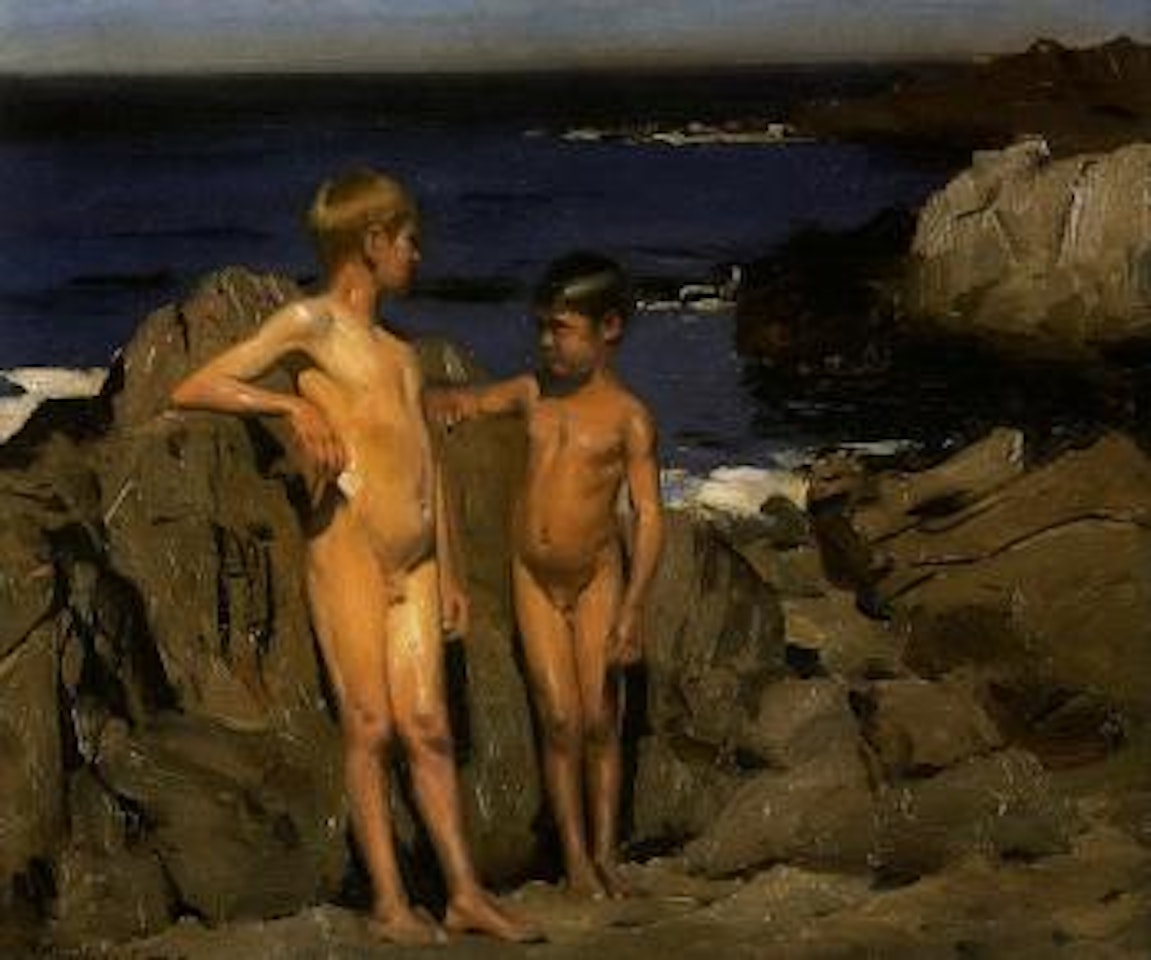 Naked boys on rocky shore by Benito Rebolledo Correa
