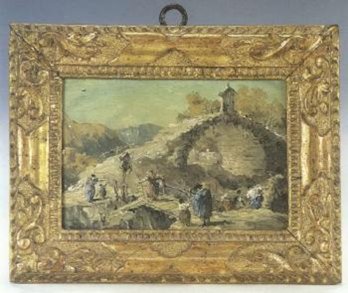 Capriccio with figures near bridge by Venetian School